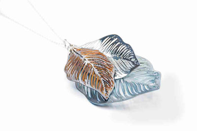 Forest Floor Three Leaf Pendant Long - Mint/Bronze/Grey